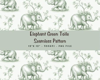 Salbei Grüner Elefant Toile de Jouy Nahtloses Muster | Neutrale Kinderzimmer Tapete | Toile de Jouy Muster | Digitales Papier, ST1