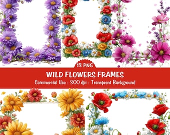Wildblumen Rahmen Clipart Bundle| Wildblumen Rahmen Transparent PNG Set| Sofort Download, Kommerzielle Nutzung
