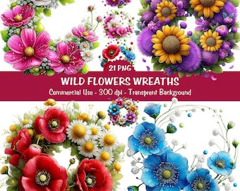 Wildblumen Kränze Clipart | Wilder Blumenkranz Transparent PNG | Sofort Download, Kommerzielle Nutzung