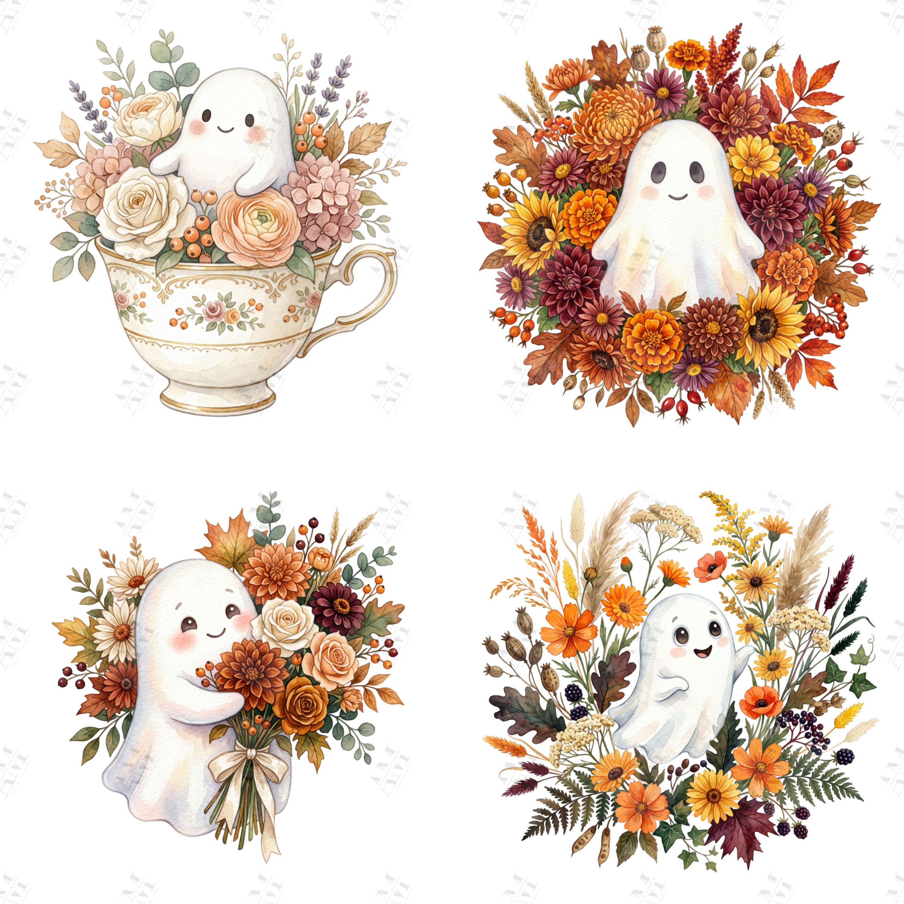 Floral Ghost Clipart Bundle | Halloween PNG | Watercolor Flower Clipart ...