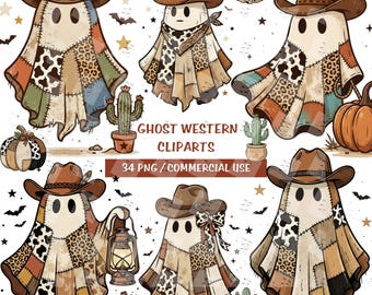 Western Halloween Geist Clipart Bundle | Cowboy-Geist PNG | Patchwork Herbst Clipart | Sublimationsentwürfe | Kommerzielle Nutzung