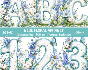 Blaues Blumen Alphabet Clipart Bundle | Baby Boy Buchstaben Zahlen Transparent PNG | Sofort Download, Kommerzielle Nutzung