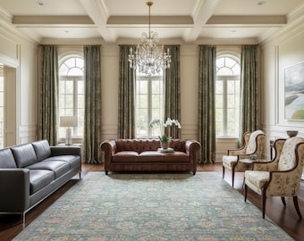 Alfombra oriental floral color salvia, de lana y seda, anudada a mano (8 × 10 pies)