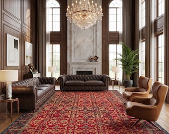 Red Oriental Geometric Rug | Tribal All Over Pattern | Large Handmade Living Room Area