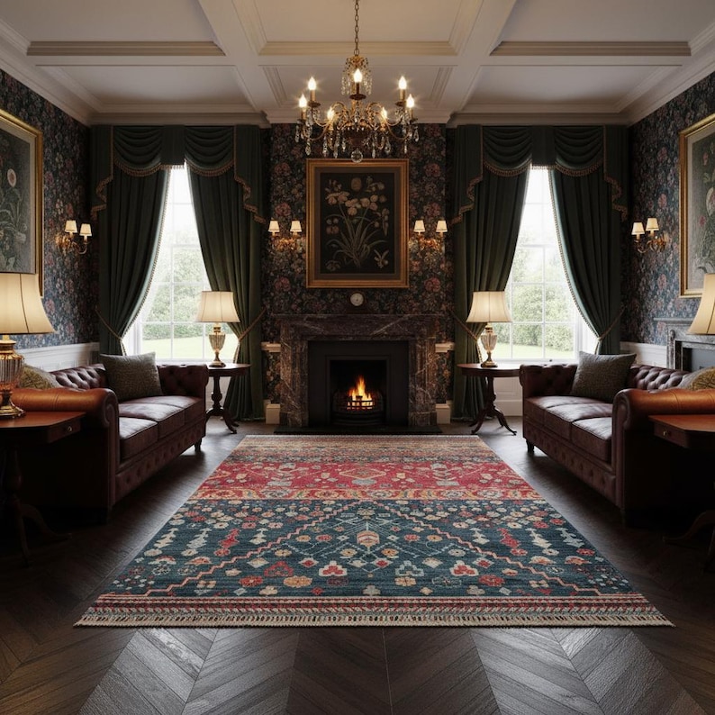 K&ouml;nnte beinhalten: Ein luxuri&ouml;ses Wohnzimmer mit einem gro&szlig;en, gemusterten Teppich mit roten und blauen Abschnitten. Der Raum umfasst Ledersofas, einen Kamin und verzierte Vorh&auml;nge. Ein Kronleuchter h&auml;ngt von der Decke und verst&auml;rkt das elegante Ambiente des Raumes.