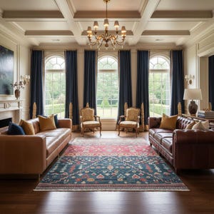 K&ouml;nnte beinhalten: Ein luxuri&ouml;ses Wohnzimmer mit zwei braunen Ledersofas, zwei verzierten St&uuml;hlen und einem gemusterten Teppich in Rot- und Blaut&ouml;nen. Der Raum hat gro&szlig;e Fenster mit marineblauen Vorh&auml;ngen und einen Kronleuchter.