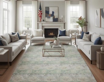 Alfombra de estilo persa, anudada a mano, color marfil celadón, de lana y seda, 244 x 305 cm.