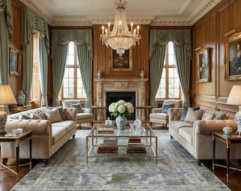 Handgeknüpfter Botanischer Teppich aus Wolle-Seide, Orientteppich in Blau