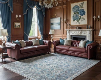 Alfombra de lana y seda anudada a mano con medallón, estilo persa azul ártico, para sala de estar.