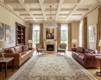 Alfombra de lana y seda anudada a mano, estilo vintage neutro.