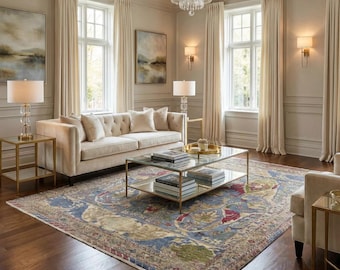 Alfombra oriental floral anudada a mano, tonos rosa grisáceos suaves, 244 × 305 cm