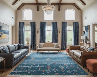 Alfombra con motivos del desierto de zafiro / Área geométrica azul / Decoración del hogar hecha a máquina