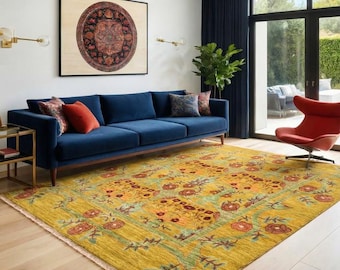 Antiker Goldfloraler Teppich 244 × 305 cm, Traditioneller Orientteppich für Wohnzimmer