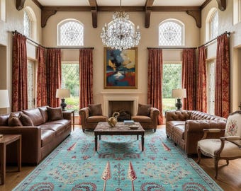 Alfombra Sky Garden Harmony / Alfombra botánica floral azul / Alfombra serena para sala de estar