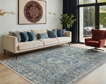 Alfombra con medallón azul ártico, alfombra de estilo persa de lana y seda anudada a mano.