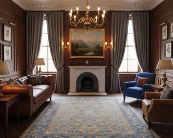 Alfombra Oushak azul antigua, alfombra turca de lana y seda anudada a mano.