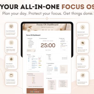 May include: A digital tablet displaying the Focus OS Dashboard with a beige and brown color scheme. The screen shows task lists, a 25:00 timer, and various productivity modules. Surrounding the tablet are eight square icons with labels.