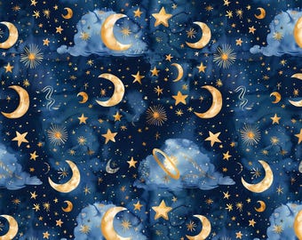 Moon And Star Starry Sky Galaxy Pure Cotton Fabric,Sold By Half Yard,Making Quilt,Bags...Cotton Fabric