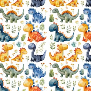May include: A repeating watercolour pattern of colourful dinosaurs in blue, orange, yellow, and green. The dinosaurs are set against a white background with green leaves and small yellow flowers. The design is repeated across the image.