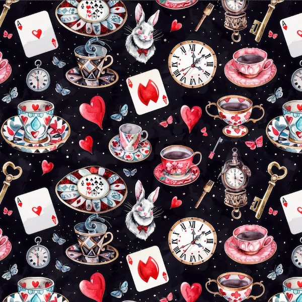 Alice Retro Rabbit clock Pure Cotton Fabric,Sold By Half Yard,Making Quilt,Bags...Cotton Fabric