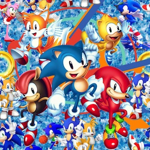 Peut inclure: Un motif répétitif vibrant mettant en scène divers personnages de la franchise Sonic le Hérisson. Le design comprend Sonic, Tails, Knuckles et d'autres personnages dans des poses dynamiques sur un fond bleu et blanc avec des accents colorés.