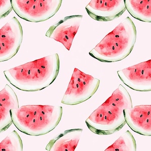 May include: Watercolor illustration of watermelon slices on a light pink background. The slices are red with black seeds and green rinds. The pattern is repeated across the image.