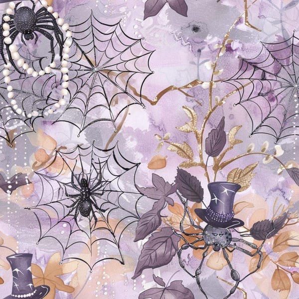 Gothic Spider Halloween Pure Cotton Fabric, Sold By Half Yard,Top Hat Pearl Spider Web Floral,For Quilt,Pillows,Crafts, Cotton Fabric