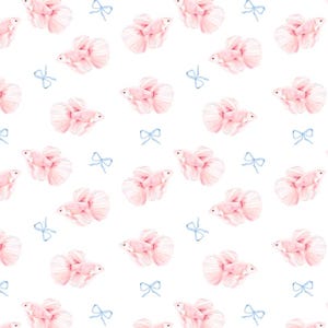 May include: A repeating pattern of watercolor-style pink betta fish and light blue bows on a white background. The fish have flowing fins and tails, and the bows are tied in simple knots. The overall design is delicate and feminine.