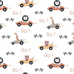 May include: A repeating pattern featuring cartoon animals in race cars. The cars are in shades of orange, yellow, and gray, with black wheels. The animals include a lion, bear, and giraffe. The word "Go!" is written in pink.