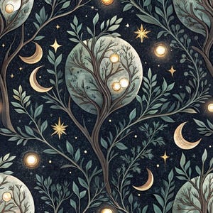 Celestial Moon Tree Fabric Whimsical Night Sky Pure Cotton Fabric, Sold By Half Yard,Making Quilt,Bags Cotton Fabric