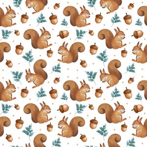 May include: A repeating pattern on a white background featuring brown squirrels in various seated poses, light brown acorns, and small sprigs of blue-green pine needles. The design includes scattered tan dots throughout the composition.