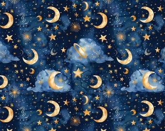 Moon And Star Starry Sky Galaxy Pure Cotton Fabric,Sold By Half Yard,Making Quilt,Bags...Cotton Fabric
