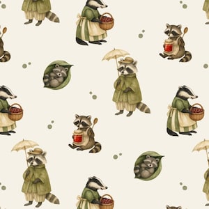 Könnte beinhalten: Ein sich wiederholendes Muster mit Aquarellillustrationen von Waschbären und Dachsen. Einige halten Körbe mit Beeren, Marmeladengläser oder suchen Schutz unter Regenschirmen. Der Hintergrund ist hellbeige mit kleinen grünen Punkten.