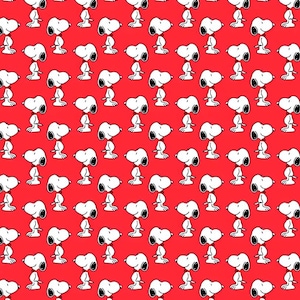 May include: A repeating pattern on a vibrant red background featuring the white cartoon dog Snoopy. Each figure shows the character in a side profile view with black ears, a black nose, and a small red collar, arranged in a grid-like layout.