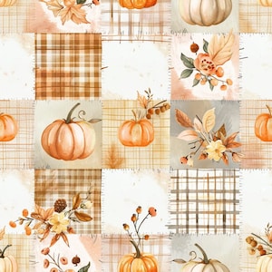 May include: A repeating pattern featuring a patchwork grid of squares. The design includes illustrations of orange pumpkins, brown plaid squares, and clusters of autumn leaves, berries, and pinecones in shades of orange, brown, and cream.