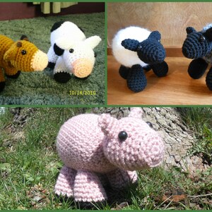May include: A collection of crocheted farm animal toys. The toys include a brown and white cow, a pink pig, a brown horse, and two white sheep with black faces.