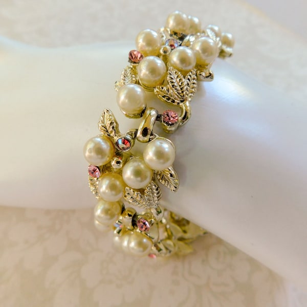 Vintage pearl and pink rhinestone bracelet Gold tone Mid-Century panel links with fold over clasp Mother of the Bride Bridal bracelet