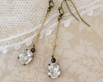Vintage Czech Rhinestone Drop Earrings: 1930s Art Deco Ox Brass or Silver