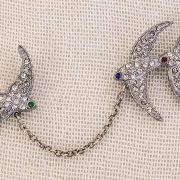 Fabulous 1930s pot metal bird cloak clasp Pave set rhinestone birds with chain brooch Sweater guard pin Unique fastener