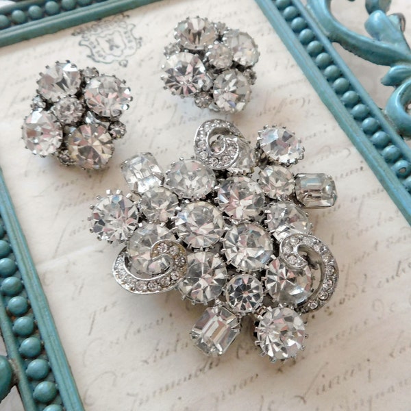 Large rhinestone brooch and earrings Weiss Eisenberg styled Rhodium Plated Large octagon and round rhinestones Outstanding Quality set