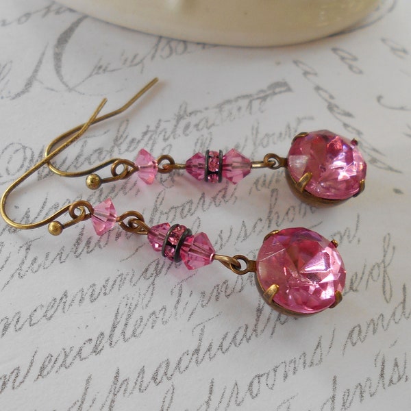 Vintage 1940s Pink rhinestone earrings Faceted Czech rhinestones with Swarovski crystal and rhinestone spacers Vintage Assemblage earring