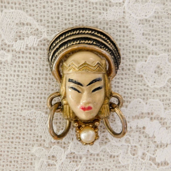 Selro Selini Asian Princess Brooch Mid Century figural face with faux pearl