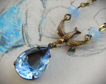 Victorian Sapphire Rhinestone Necklace with aged brass Sparrow - Vintage Pear Shaped Stone and beaded chain