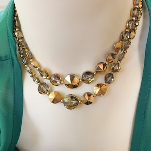 Vintage Crystal Bead Necklace and Earrings: Gold Smoke Topaz, 2-Strand