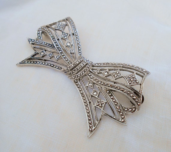 Vintage large sterling silver and marcasite bow b… - image 1