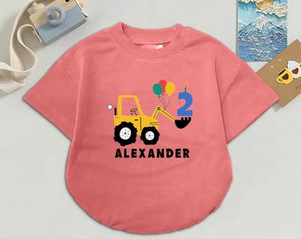 Camiseta de cumpleaños personalizada con diseño de excavadora para niños, conjunto de excavadora para niños pequeños.