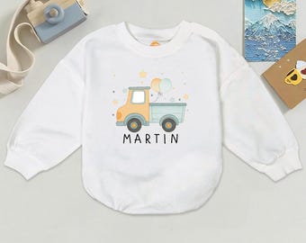 Pelele personalizado con diseño de camión para bebé, conjunto con nombre personalizado, body de cumpleaños para niño.