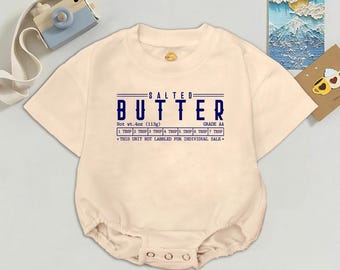 Body de bebé con estampado de mantequilla salada, camiseta infantil con temática de comida divertida, ropa con humor culinario.