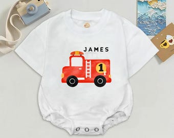 Mono de cumpleaños personalizado con forma de camión de bomberos para niños, conjunto de bombero para niños pequeños con nombre personalizado.