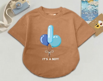 Pelele de anuncio de nacimiento para niño hecho a mano: diseño de globos, regalo para baby shower, conjunto para recién nacido